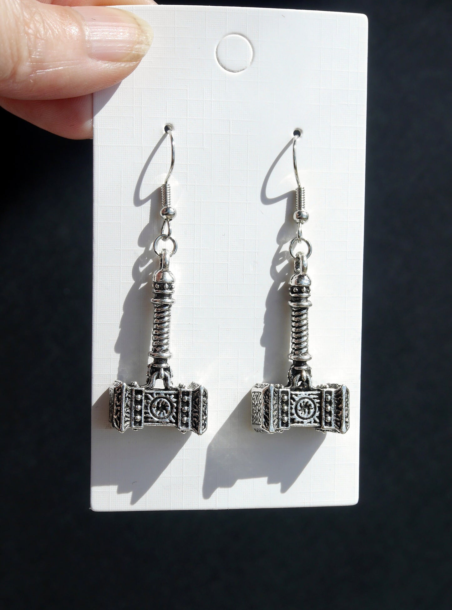 Ladies Teens Fantasy Silver Toned Hammer Mace Shape Earrings