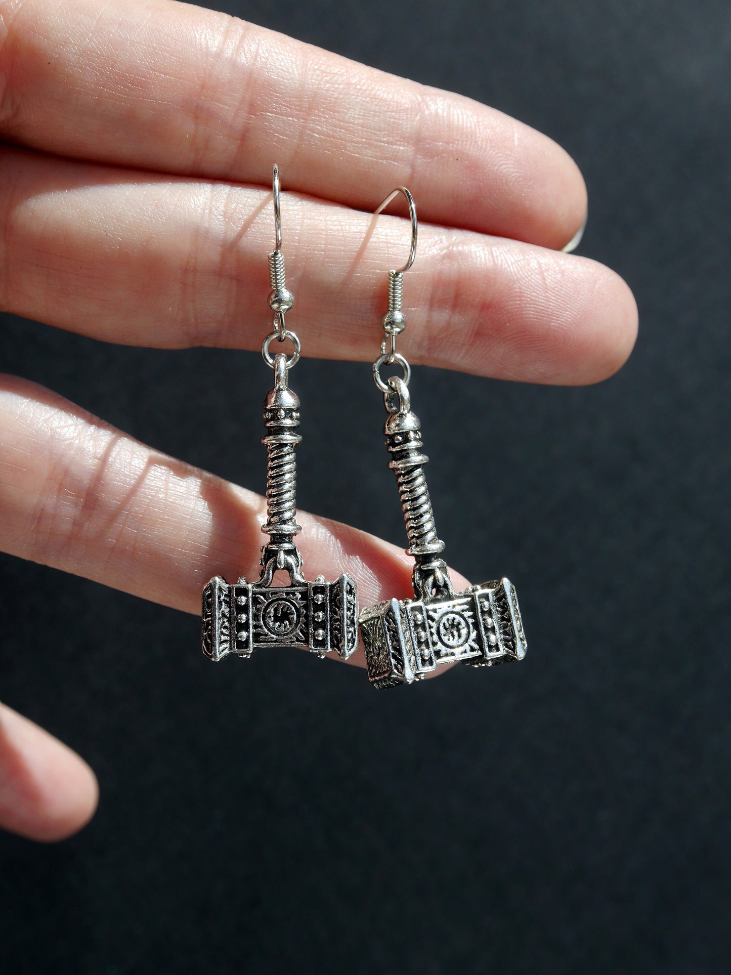 Ladies Teens Fantasy Silver Toned Hammer Mace Shape Earrings