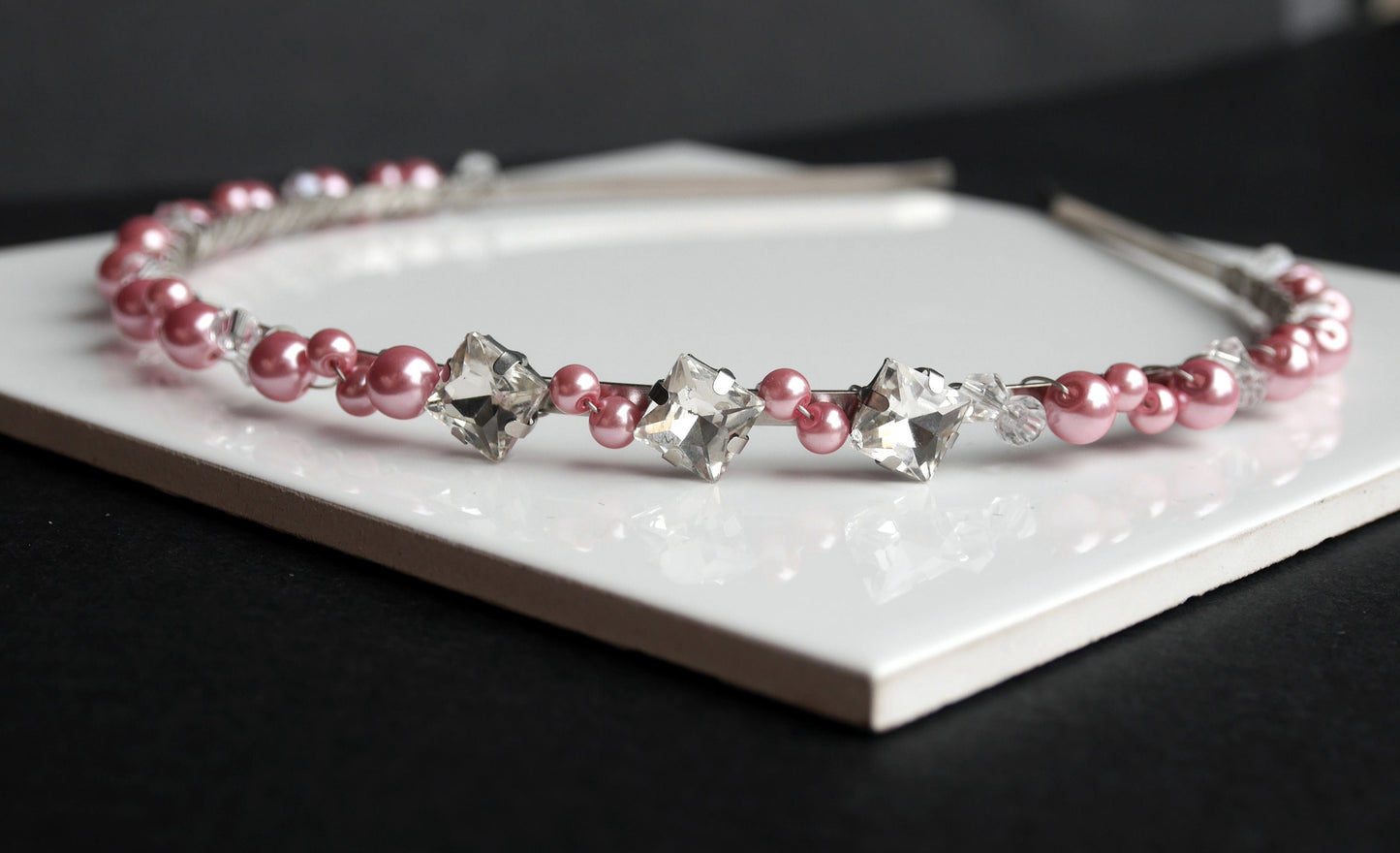 Thin Pink Pearl Diamante Tiara Hair Band