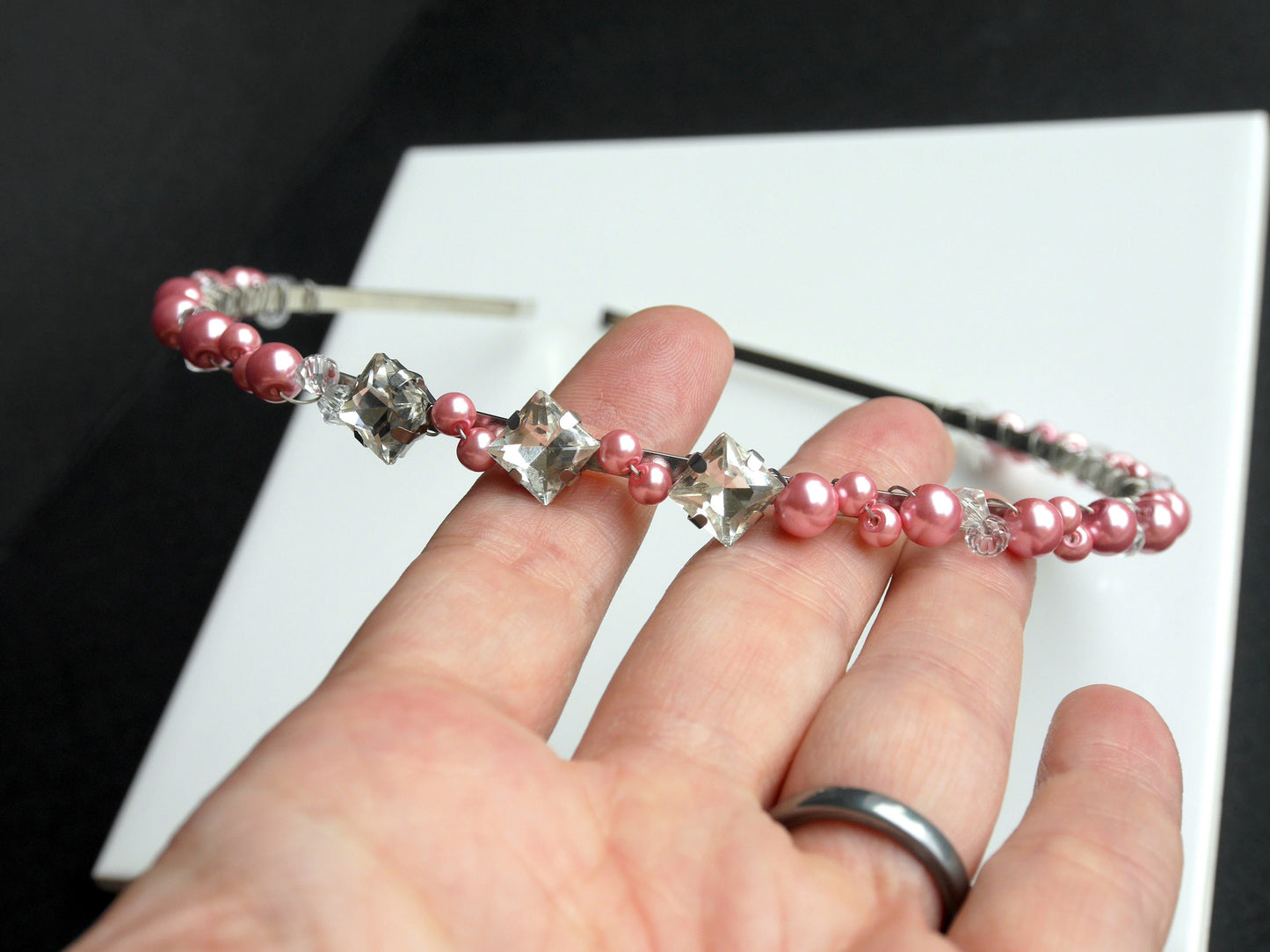 Thin Pink Pearl Diamante Tiara Hair Band