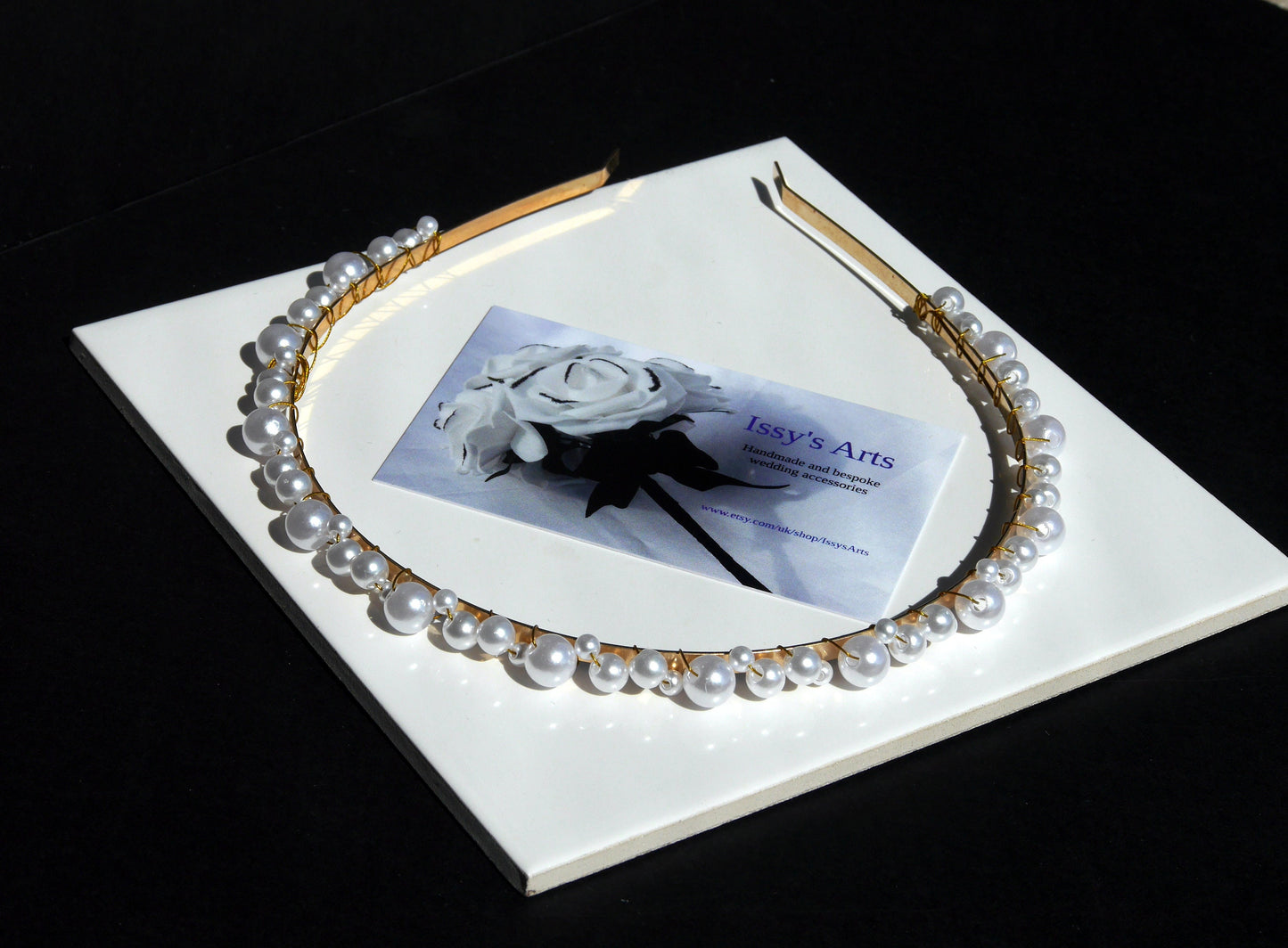 Thin Gold Tone and White Pearl Wedding Tiara Hair Band