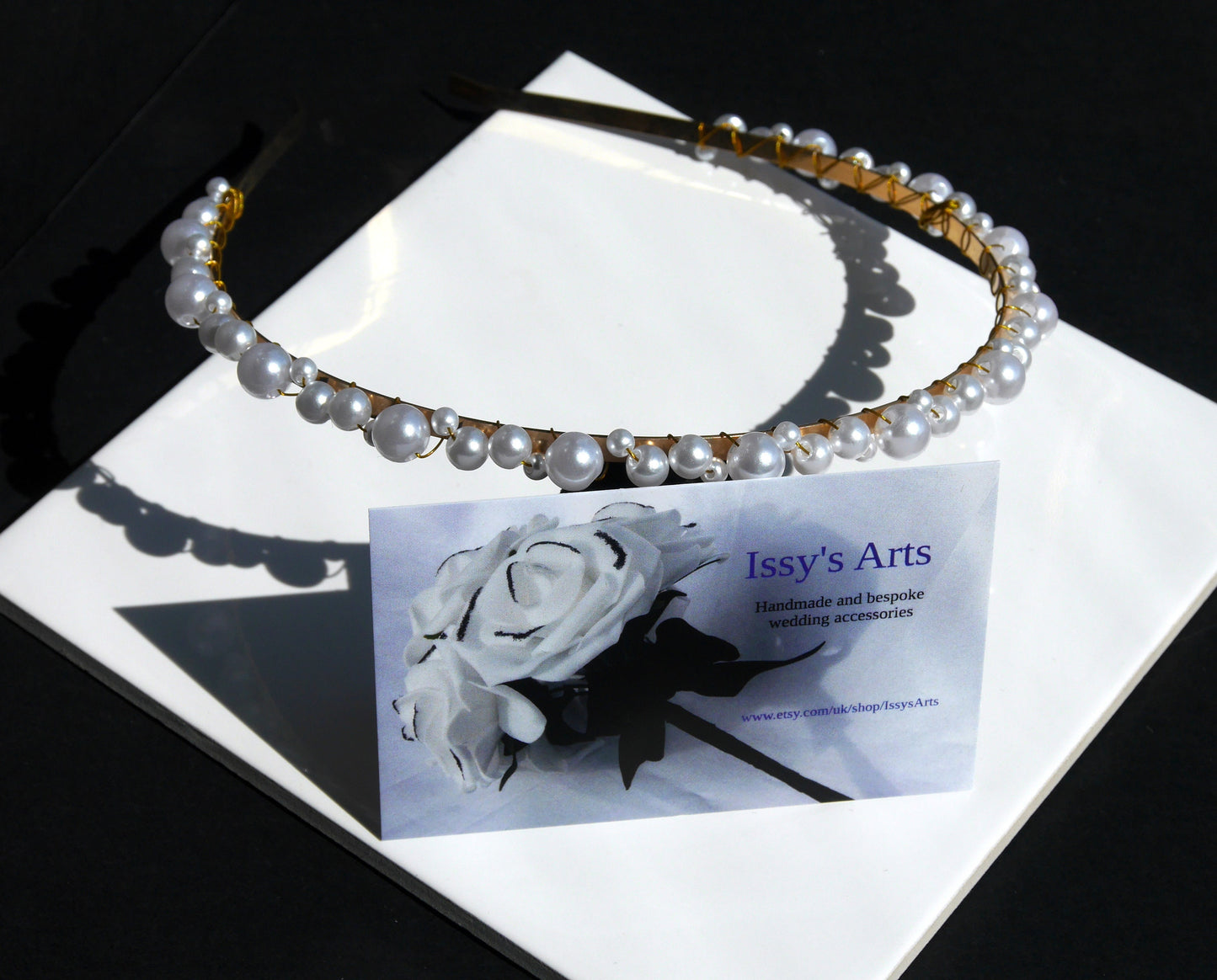 Thin Gold Tone and White Pearl Wedding Tiara Hair Band