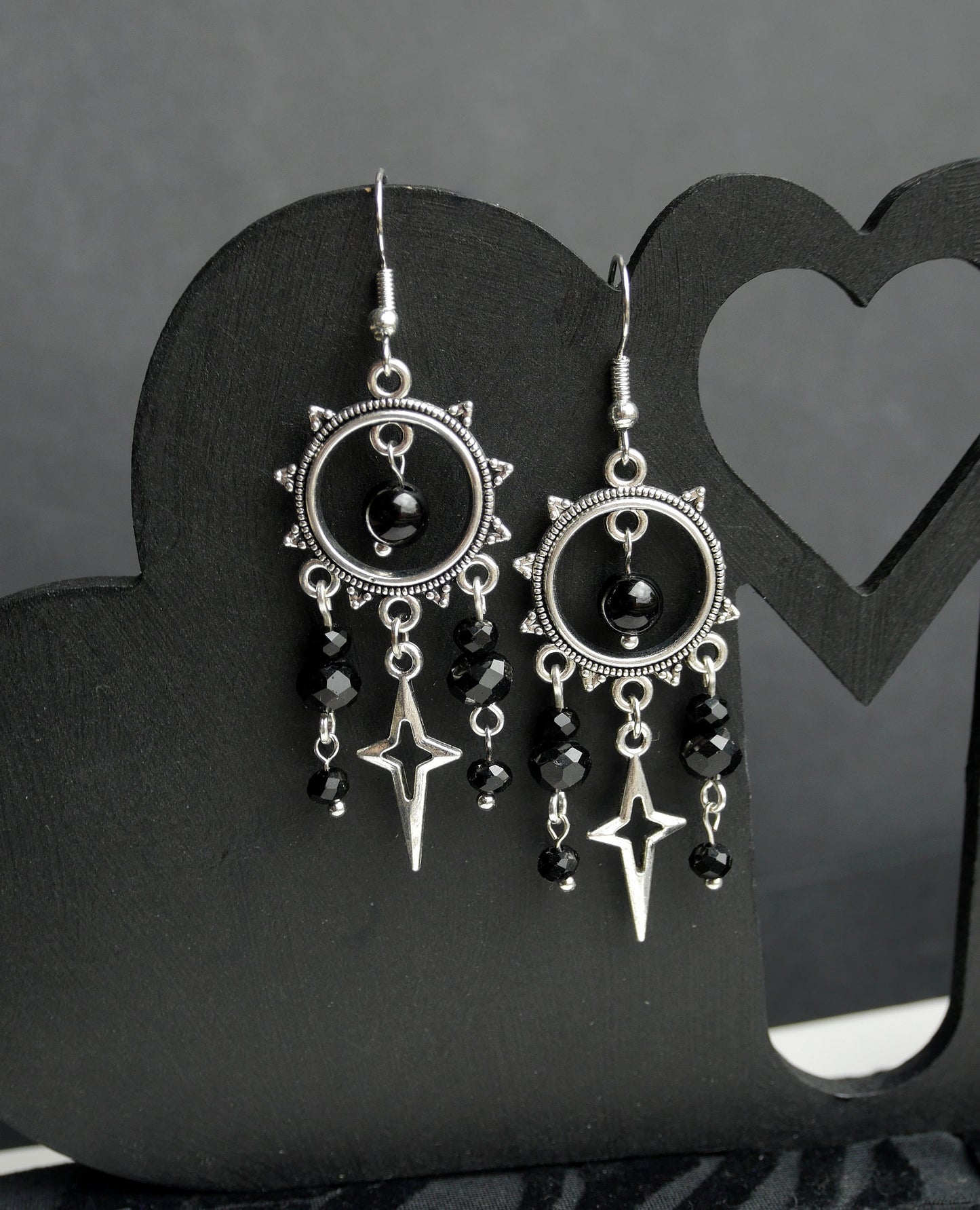 Silver and Black Statement Filigree Dangle Earrings (Ear Hook or Stud)