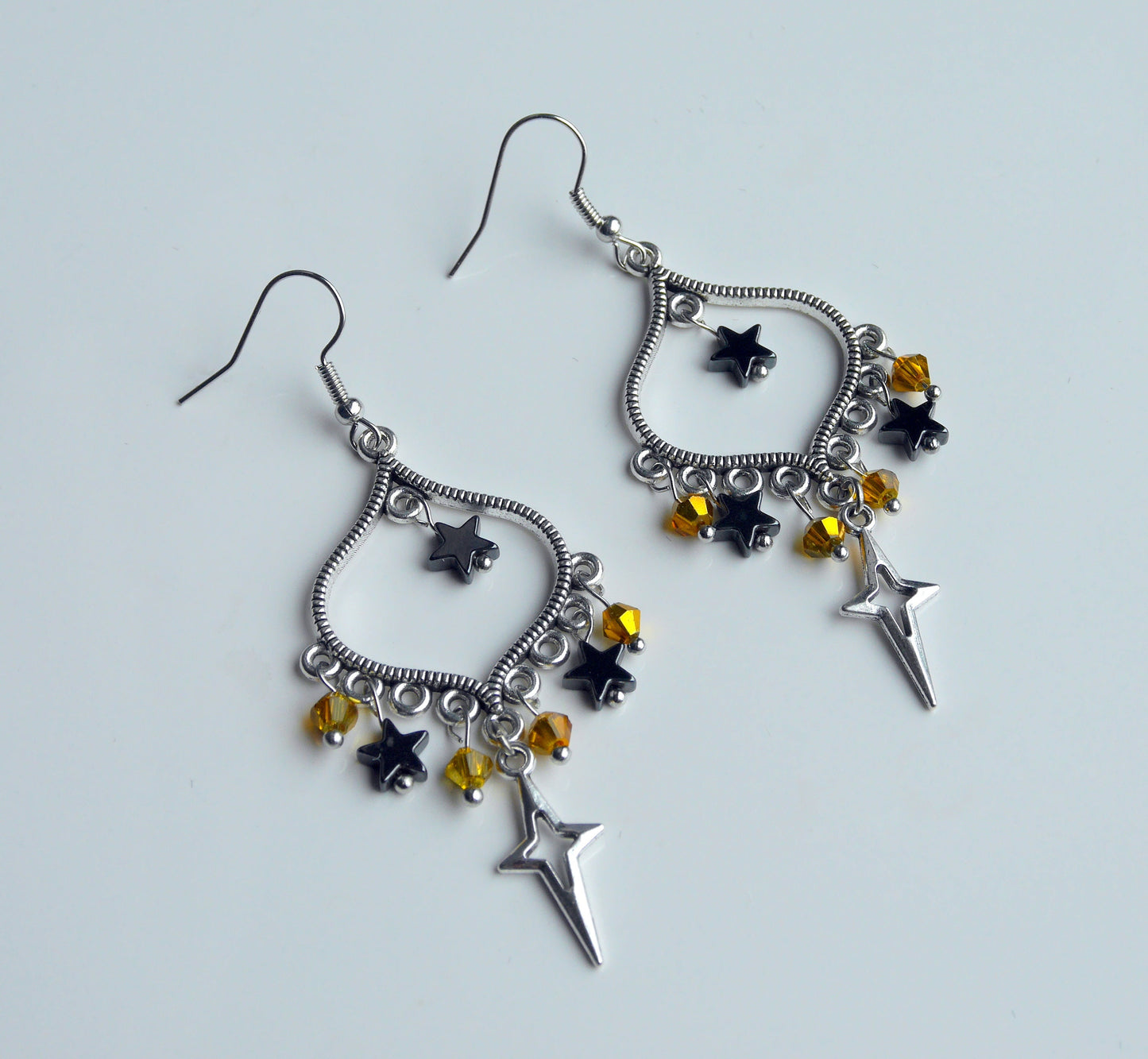 Celestial Black Silver and Gold Star Filigree Earrings (Ear Hook, Stud or Clip On)