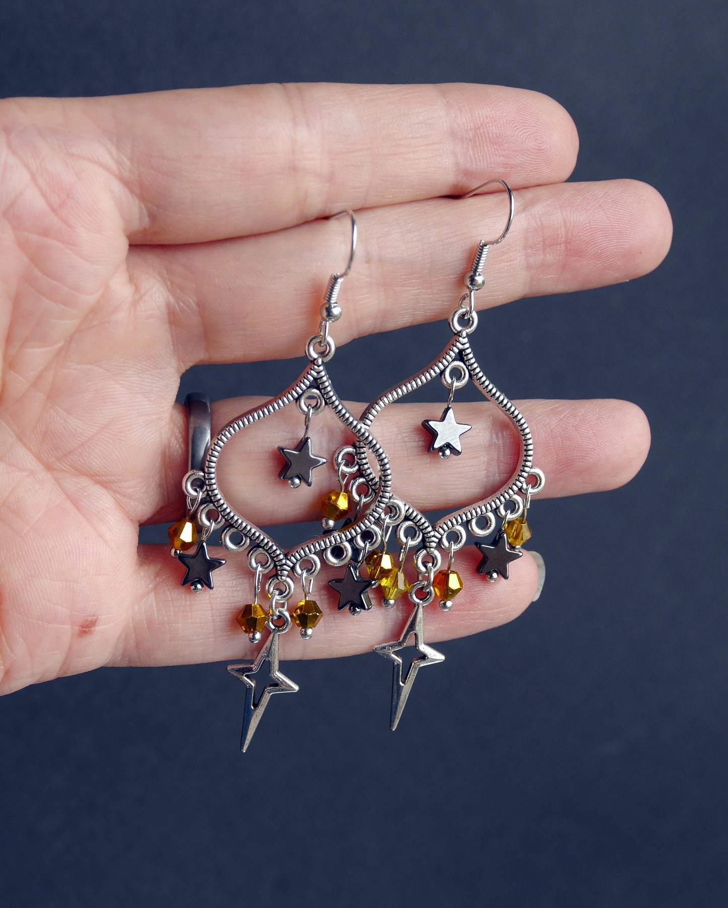 Celestial Black Silver and Gold Star Filigree Earrings (Ear Hook, Stud or Clip On)