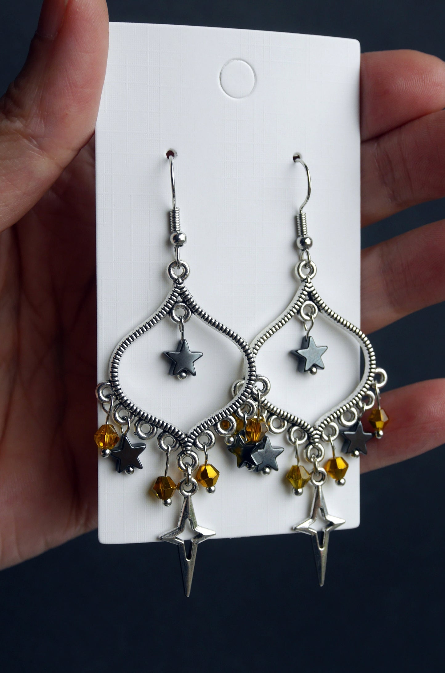 Celestial Black Silver and Gold Star Filigree Earrings (Ear Hook, Stud or Clip On)