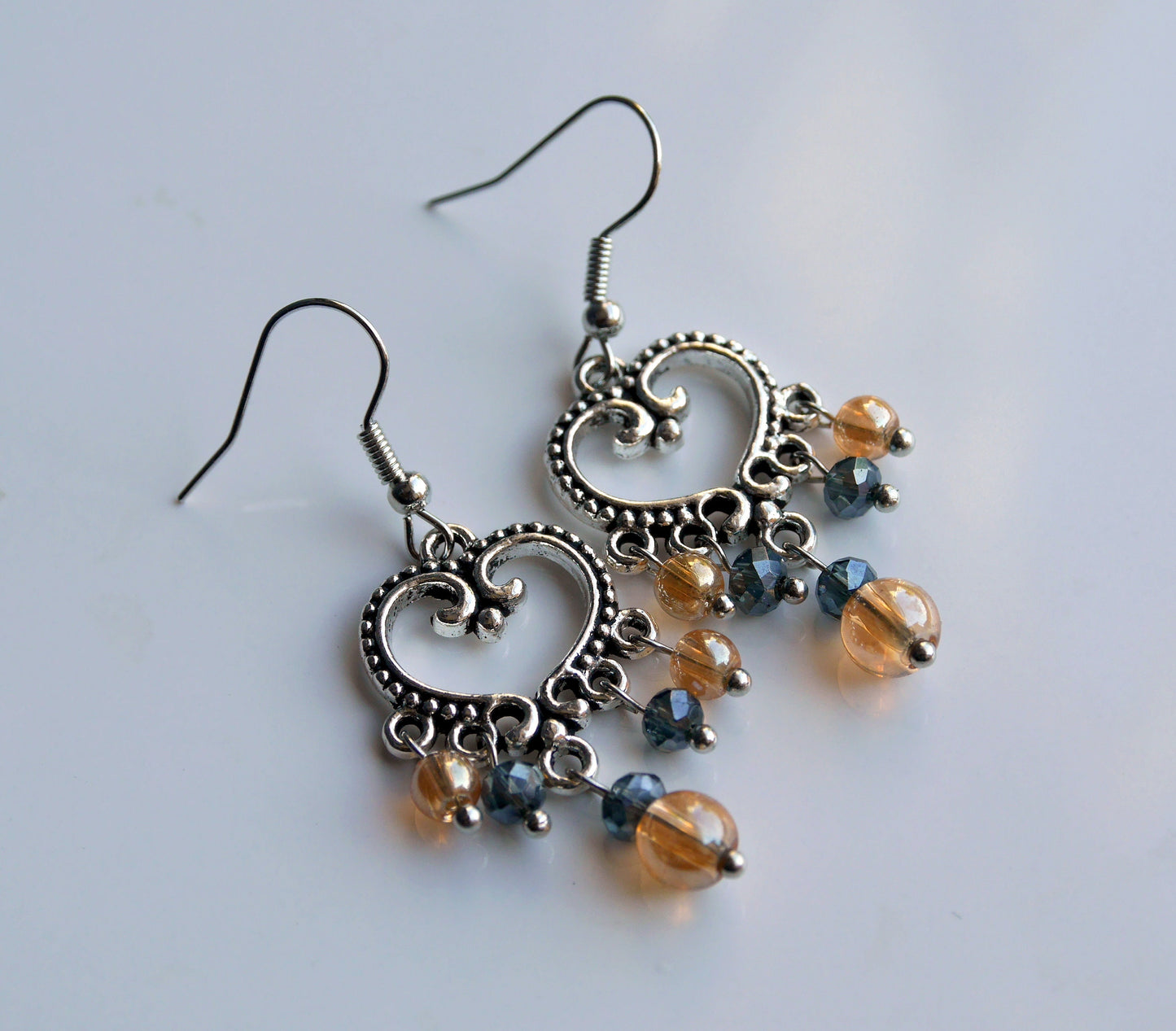 Silver Black and Orange Statement Filigree Earrings (Ear Hook, Stud and Clip On)