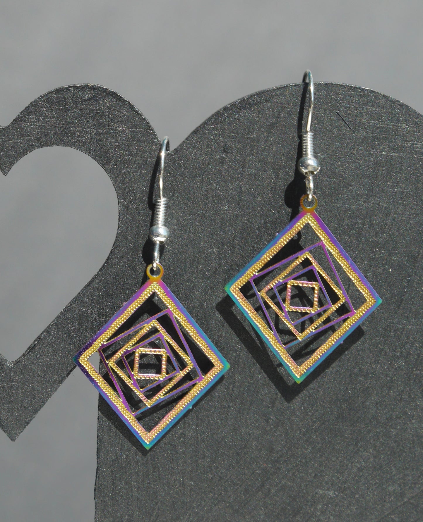 Colourful Iridescent Diamond Square Shape Filigree Earrings (Ear Hook, Stud or Clip On)