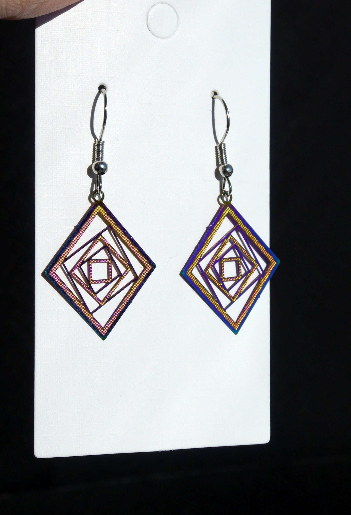 Colourful Iridescent Diamond Square Shape Filigree Earrings (Ear Hook, Stud or Clip On)