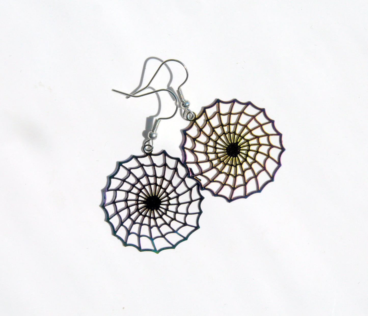 Colourful Rainbow Iridescent Spider Web Shaped Filigree Earrings (Ear Hook, Stud or Clip On)