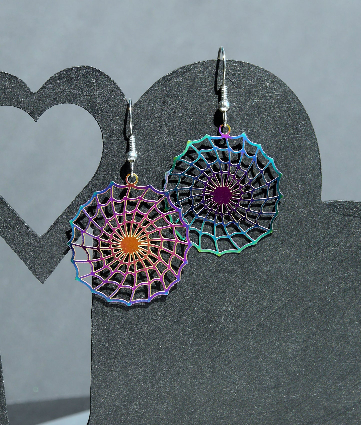 Colourful Rainbow Iridescent Spider Web Shaped Filigree Earrings (Ear Hook, Stud or Clip On)