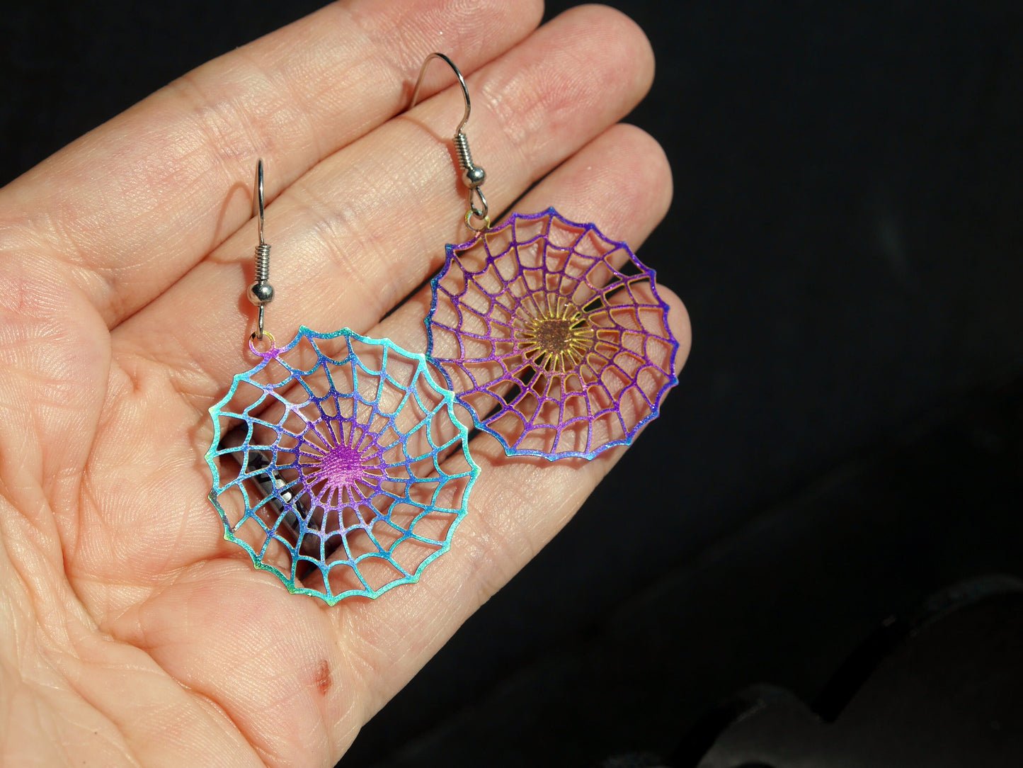 Colourful Rainbow Iridescent Spider Web Shaped Filigree Earrings (Ear Hook, Stud or Clip On)