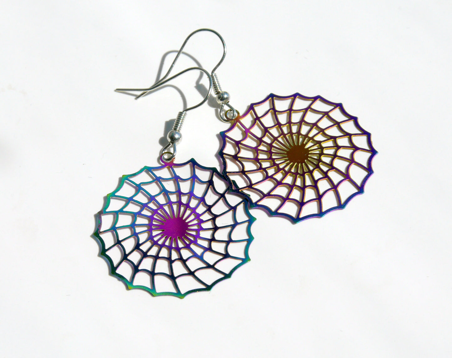 Colourful Rainbow Iridescent Spider Web Shaped Filigree Earrings (Ear Hook, Stud or Clip On)