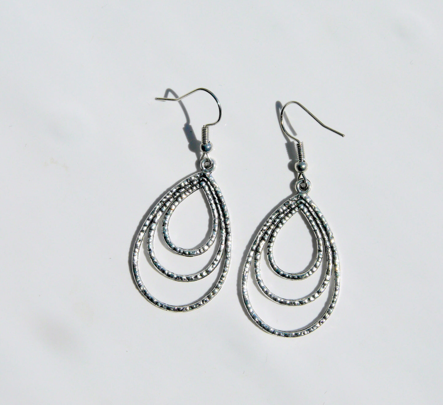 Silver Tone Teardrop Style Filigree Earrings (Ear Hook, Stud and Clip On)
