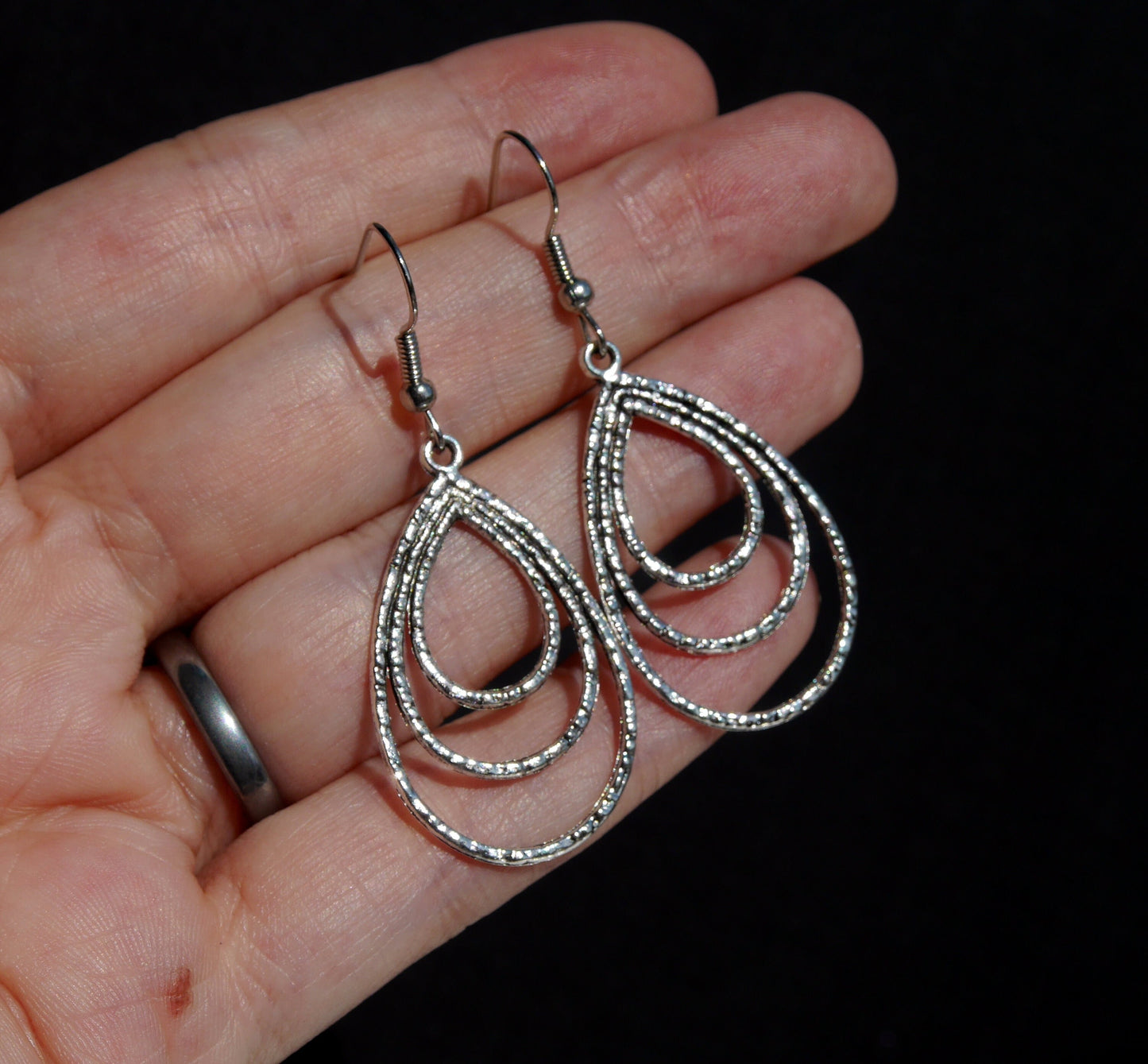 Silver Tone Teardrop Style Filigree Earrings (Ear Hook, Stud and Clip On)