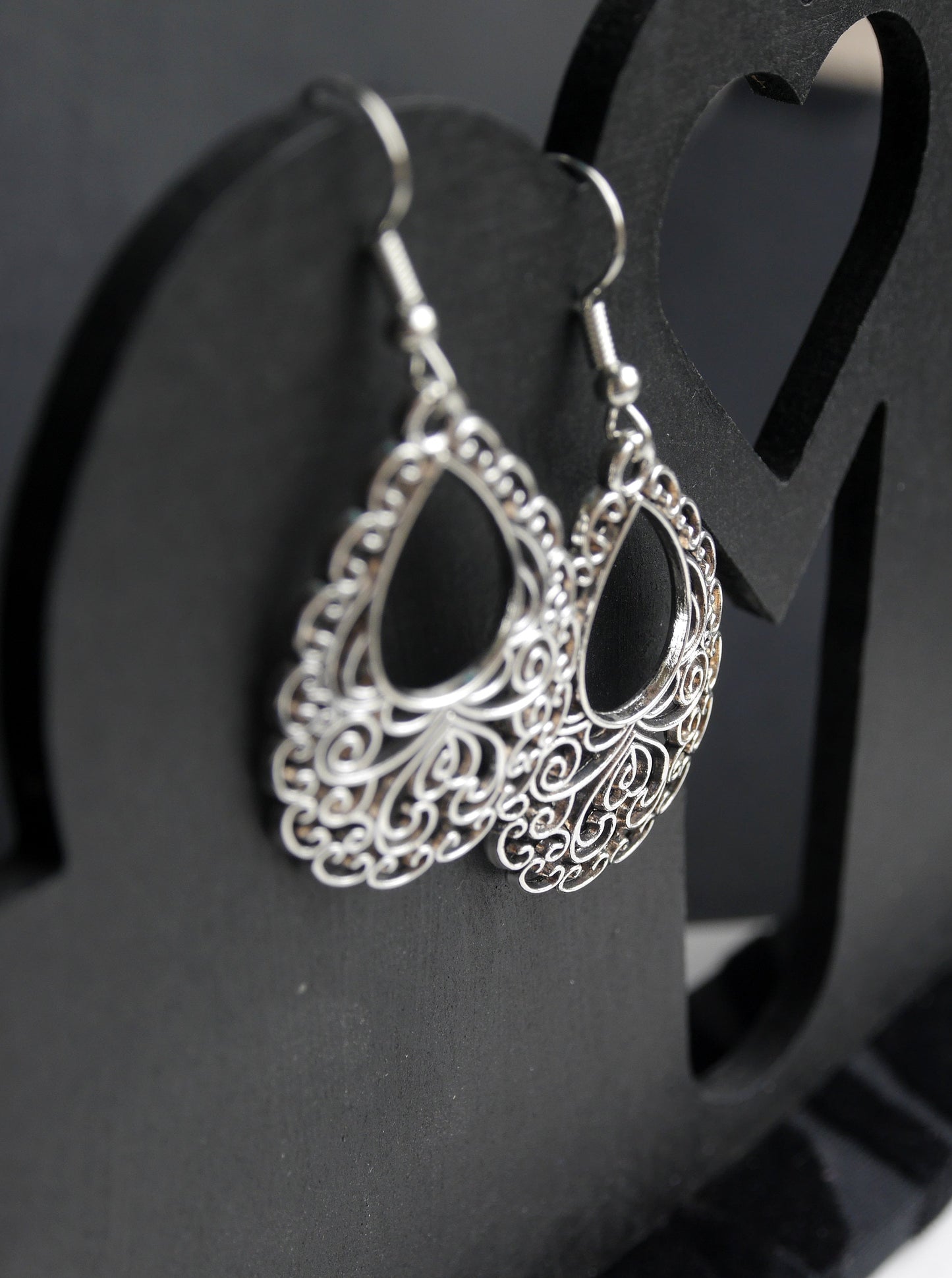 Silver Toned Teardrop Small Filigree Earrings (Ear Hook, Stud and Clip On)