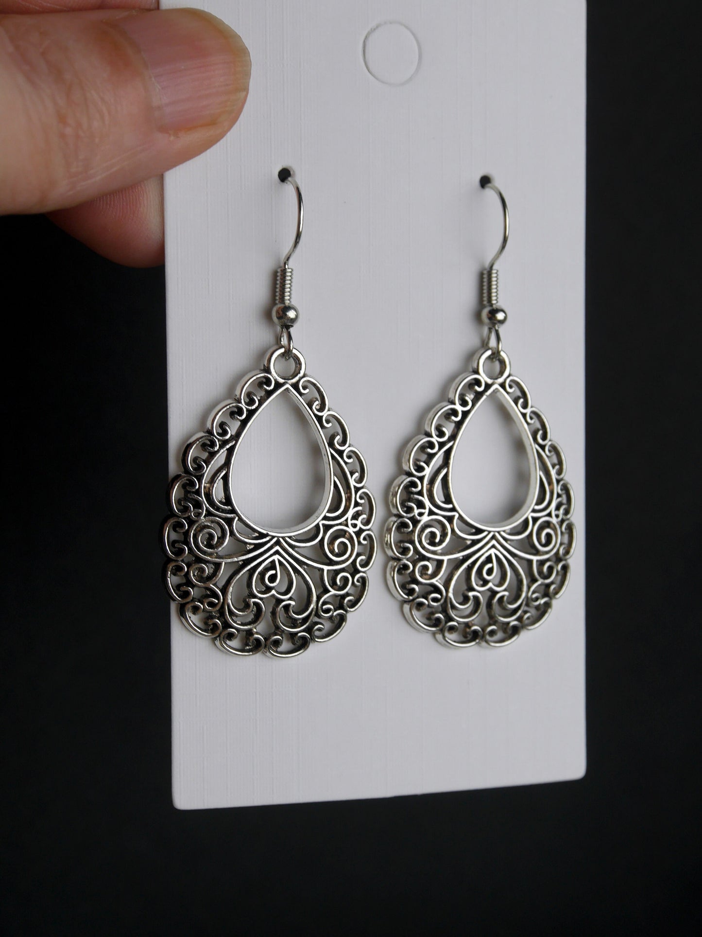 Silver Toned Teardrop Small Filigree Earrings (Ear Hook, Stud and Clip On)