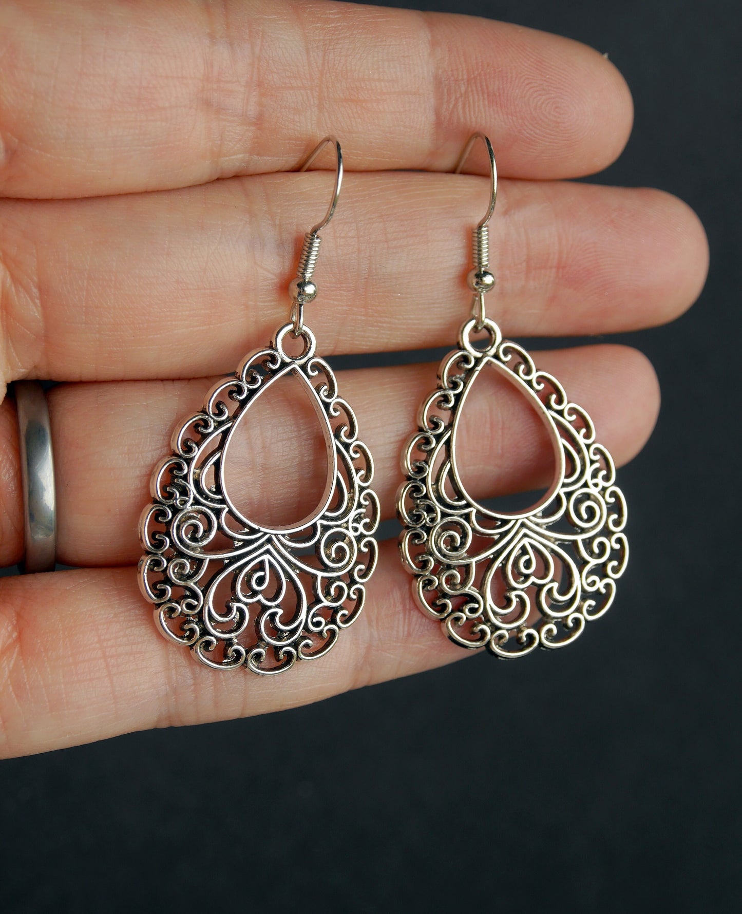 Silver Toned Teardrop Small Filigree Earrings (Ear Hook, Stud and Clip On)