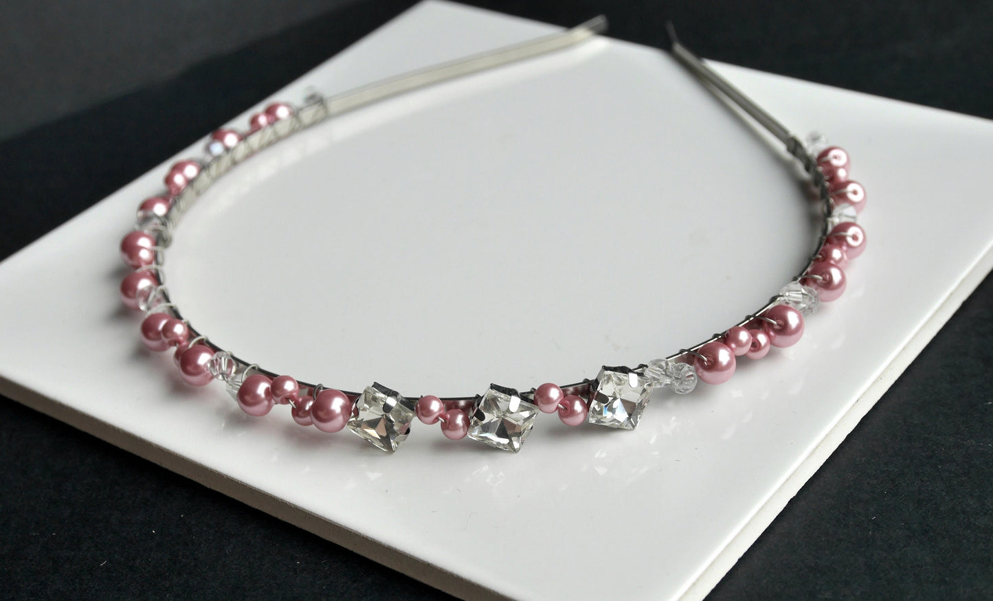 Thin Pink Pearl Diamante Tiara Hair Band
