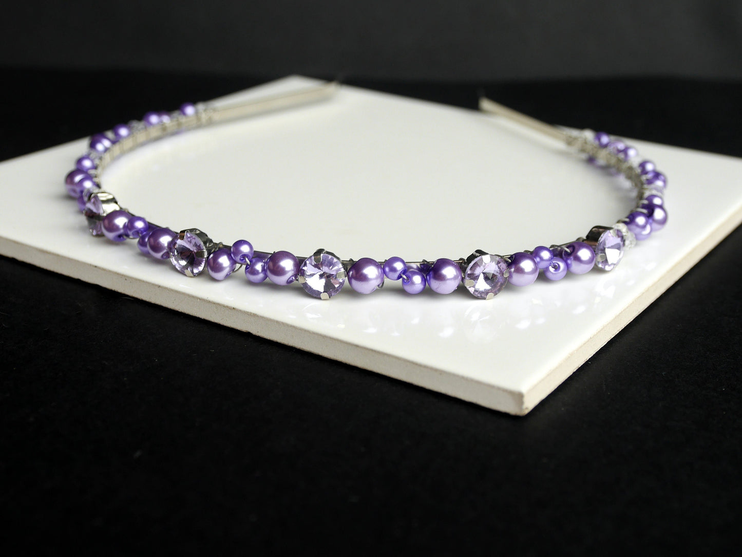 Thin Purple Pearl Wedding Prom Tiara Hair Band
