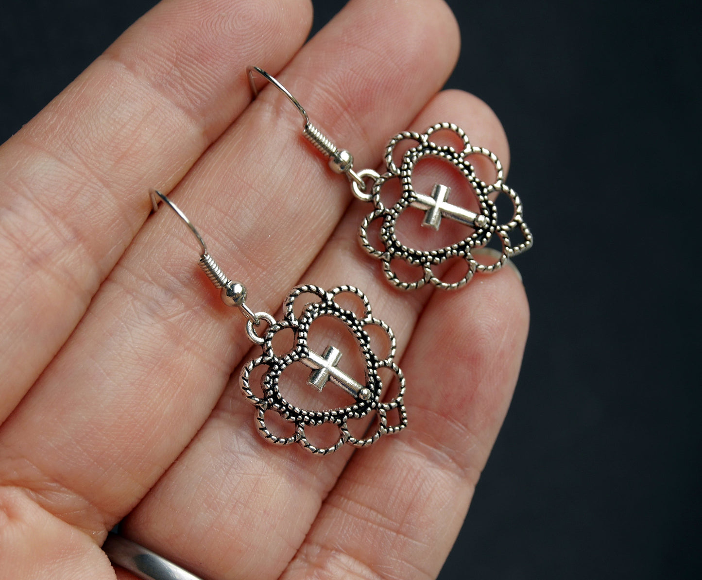 Antique Silver Cross Style Filigree Earrings (Ear Hook, Stud or Clip On)