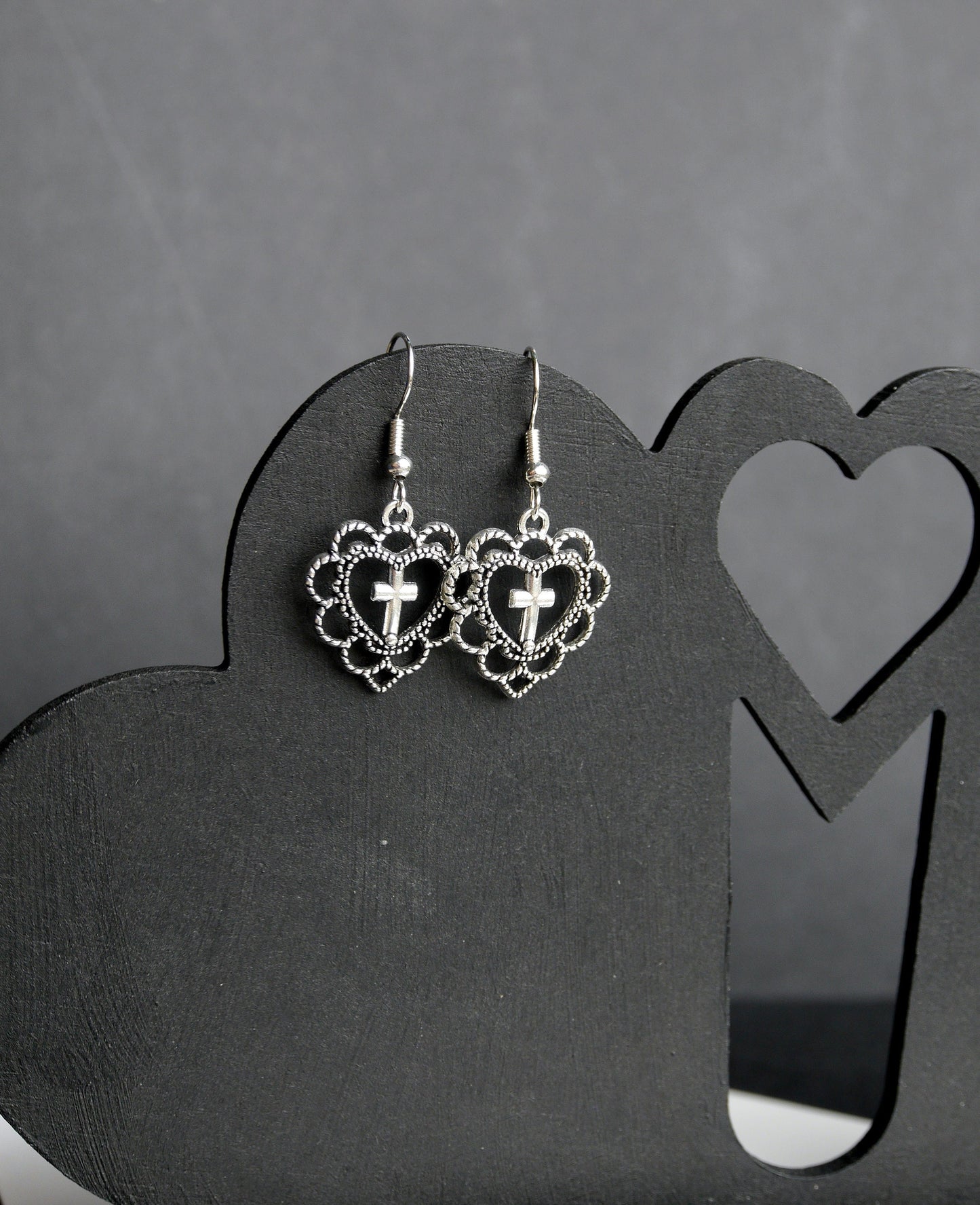 Antique Silver Cross Style Filigree Earrings (Ear Hook, Stud or Clip On)