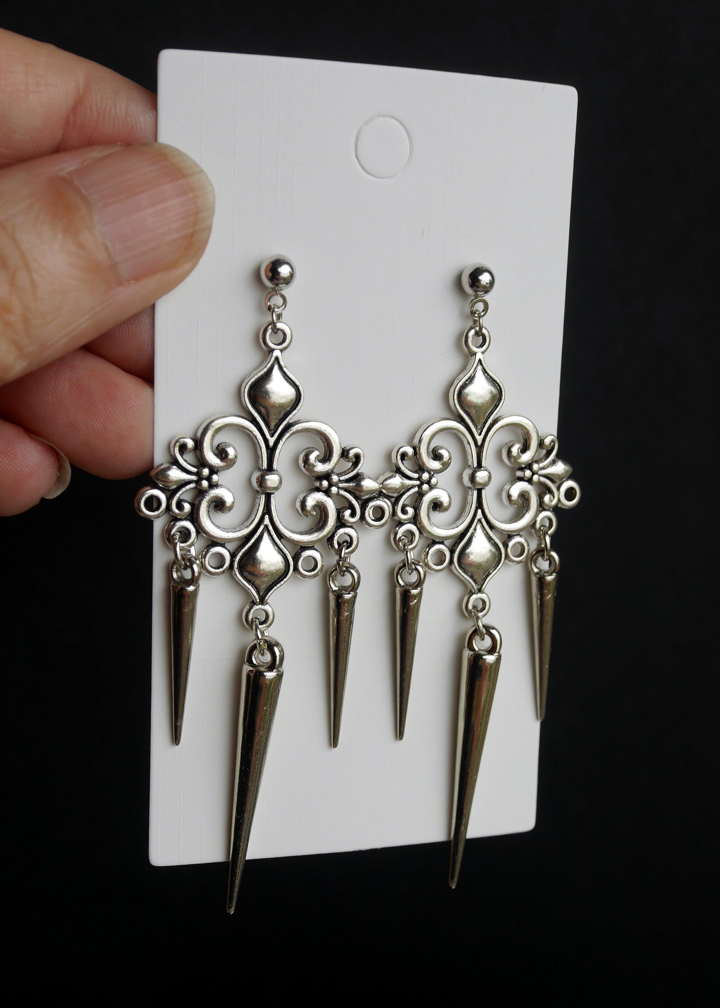 Gothic Silver Spike Filigree Earrings (Ear Hook, Stud or Clip On)