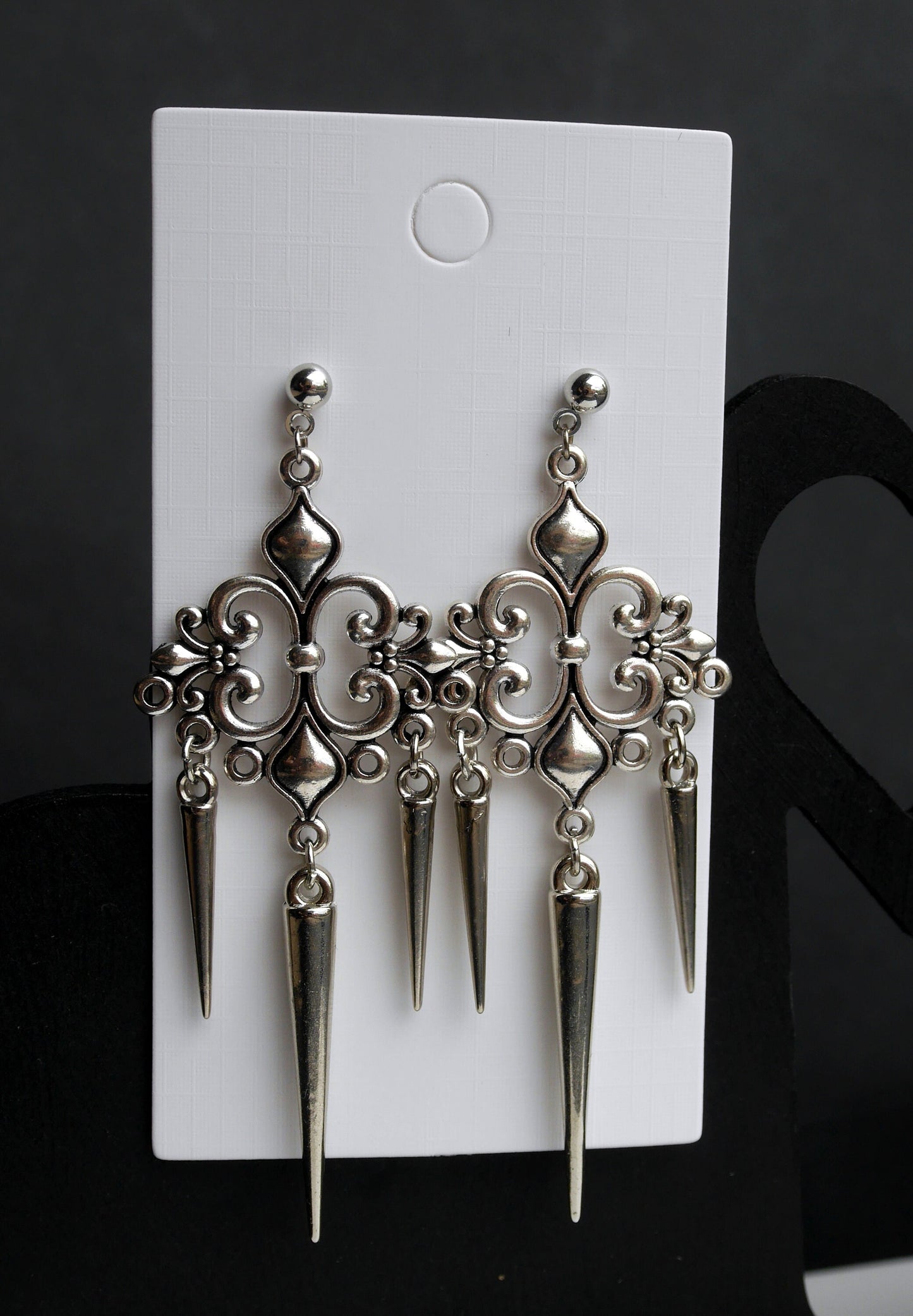 Gothic Silver Spike Filigree Earrings (Ear Hook, Stud or Clip On)
