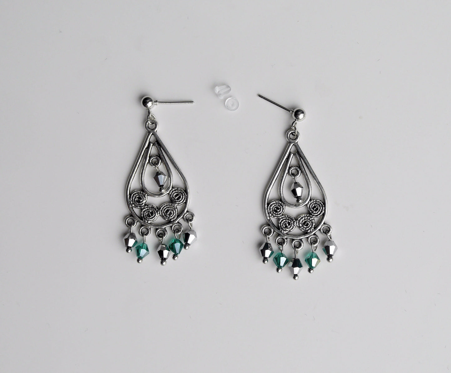 Silver and Green Chandelier Dangle Filigree Earrings (Ear Hook, Stud and Clip On)