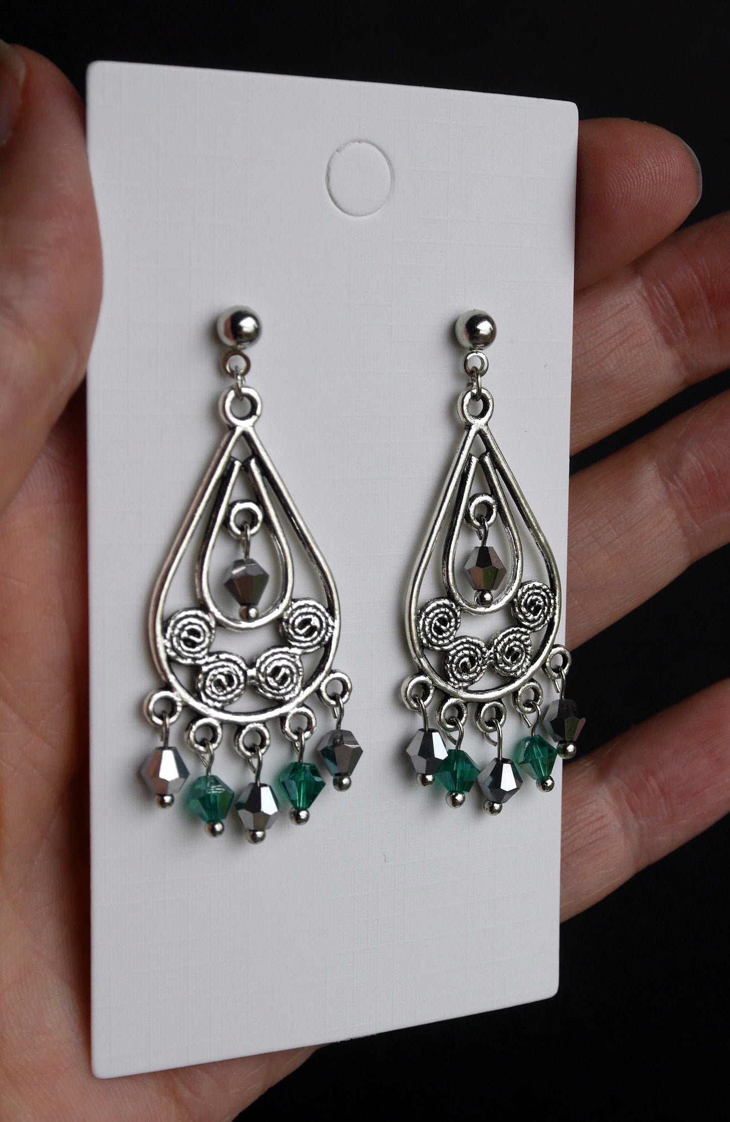 Silver and Green Chandelier Dangle Filigree Earrings (Ear Hook, Stud and Clip On)