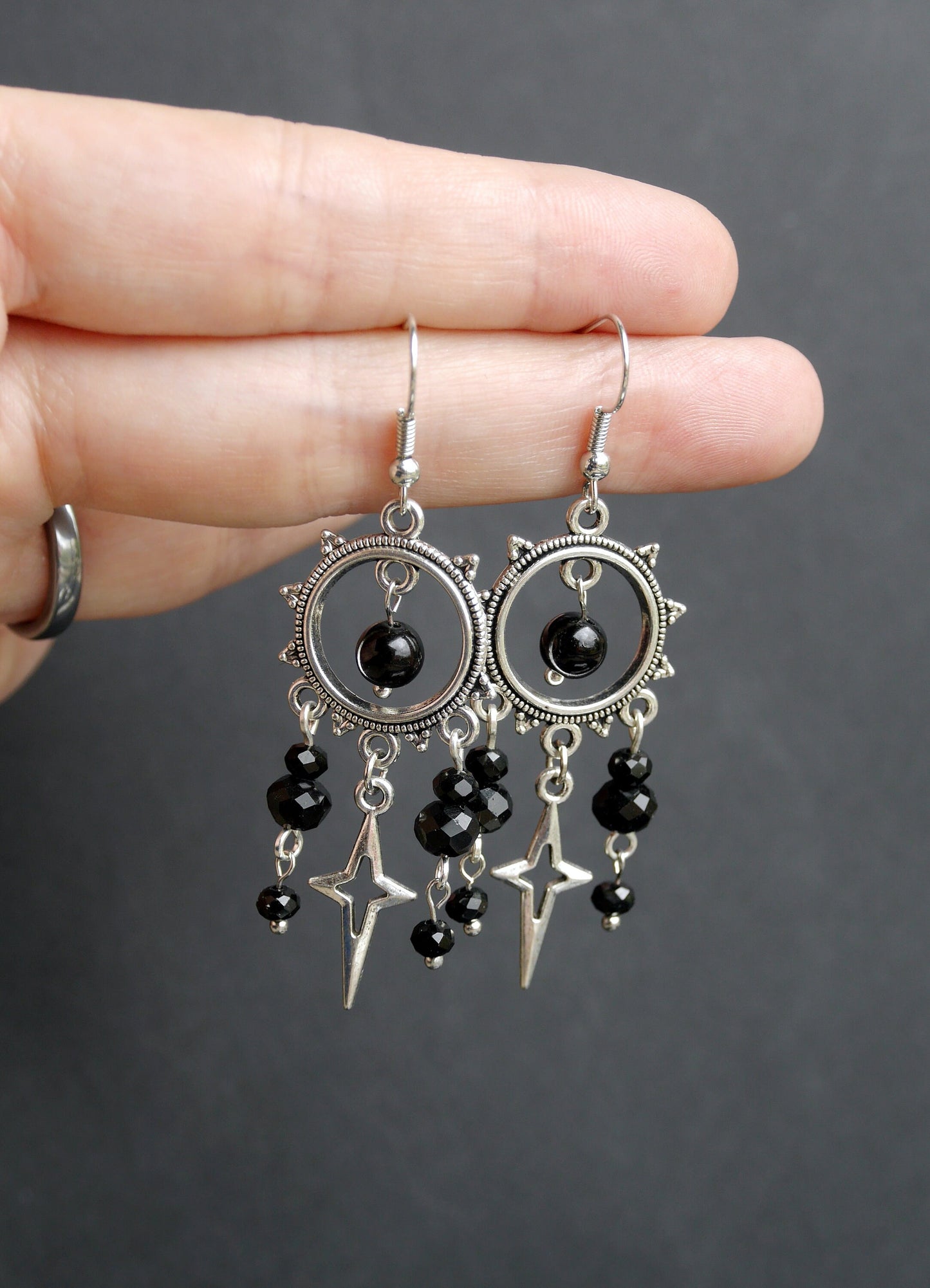 Silver and Black Statement Filigree Dangle Earrings (Ear Hook or Stud)