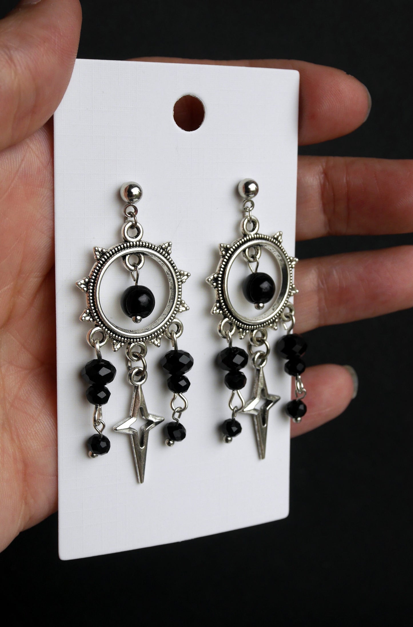 Silver and Black Statement Filigree Dangle Earrings (Ear Hook or Stud)