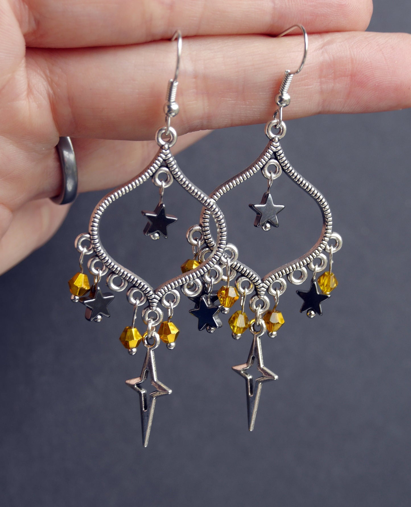 Celestial Black Silver and Gold Star Filigree Earrings (Ear Hook, Stud or Clip On)