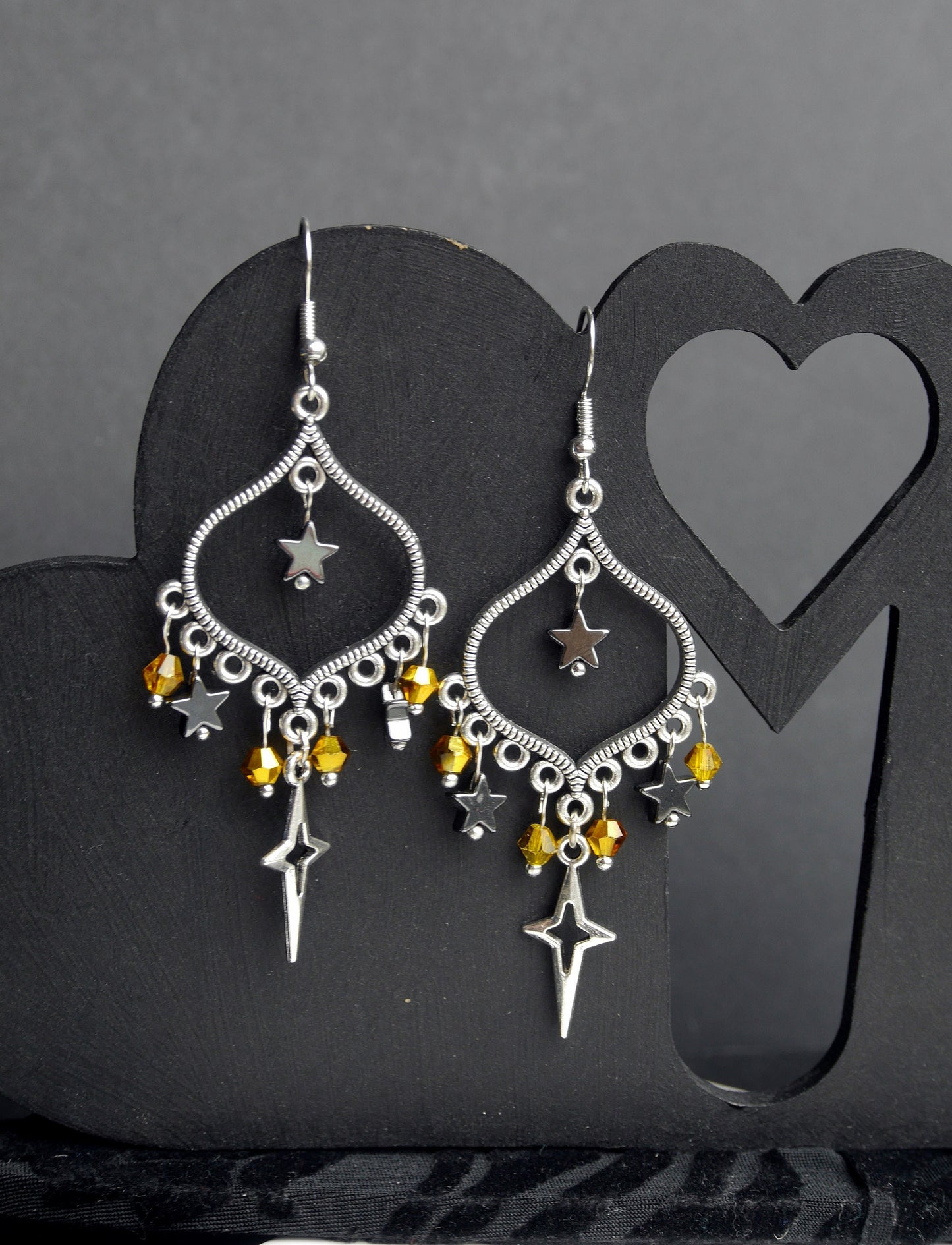 Celestial Black Silver and Gold Star Filigree Earrings (Ear Hook, Stud or Clip On)