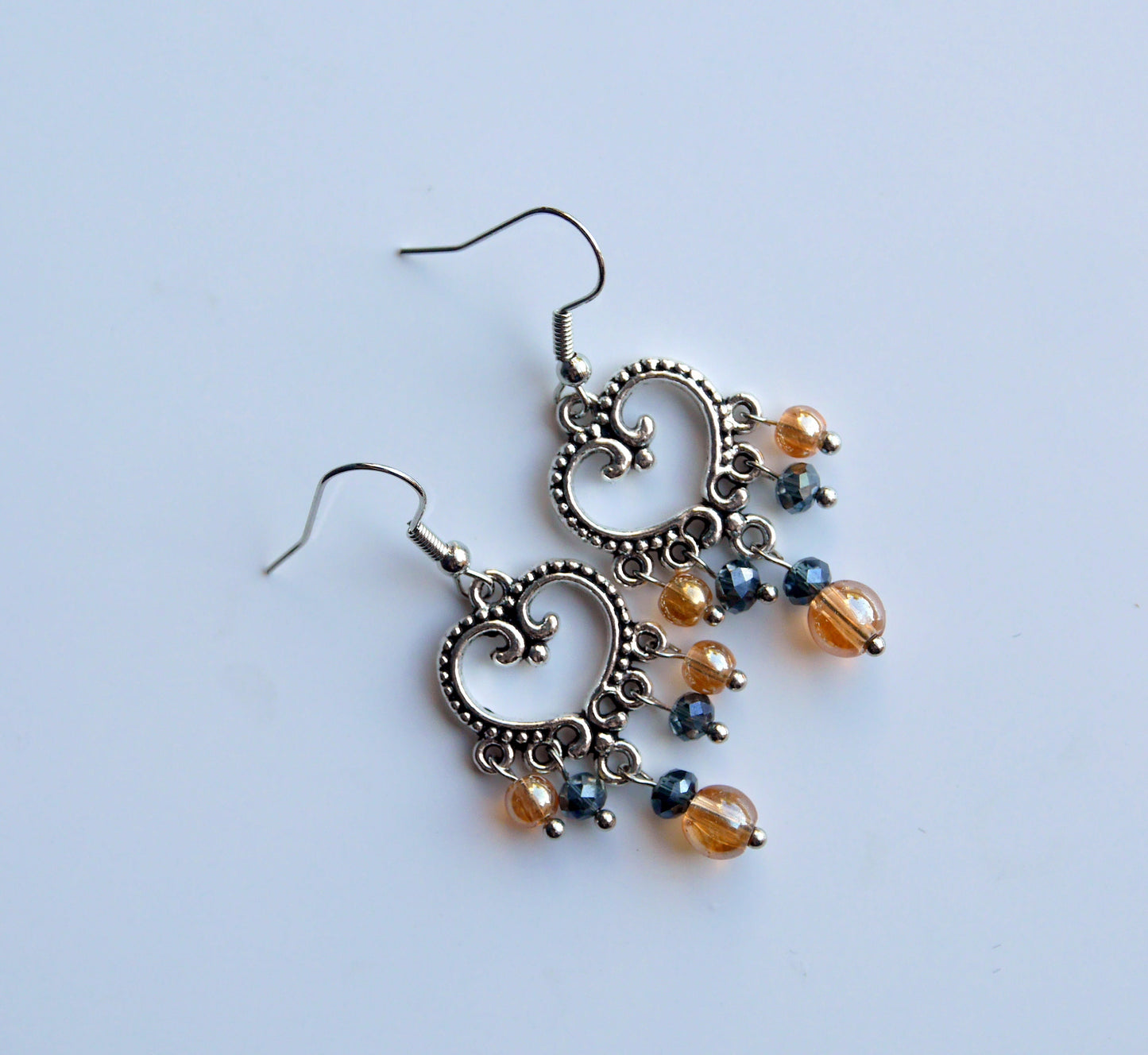 Silver Black and Orange Statement Filigree Earrings (Ear Hook, Stud and Clip On)