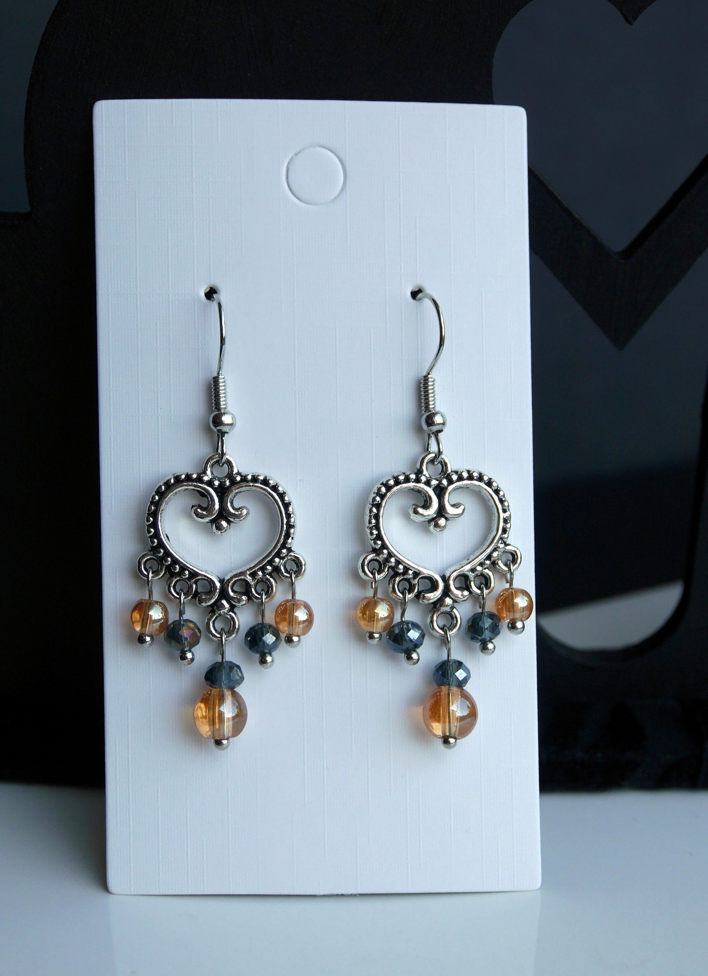 Silver Black and Orange Statement Filigree Earrings (Ear Hook, Stud and Clip On)