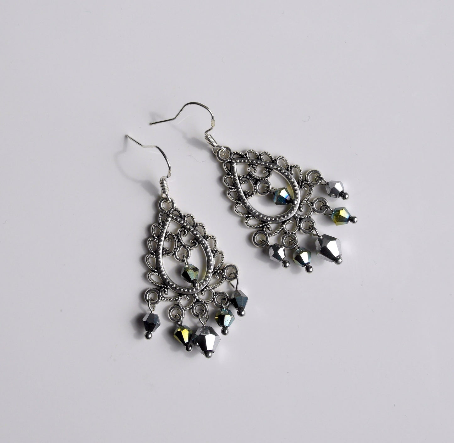 Green and Silver Toned Fashion Dangle Earrings (Ear Hook and Stud)
