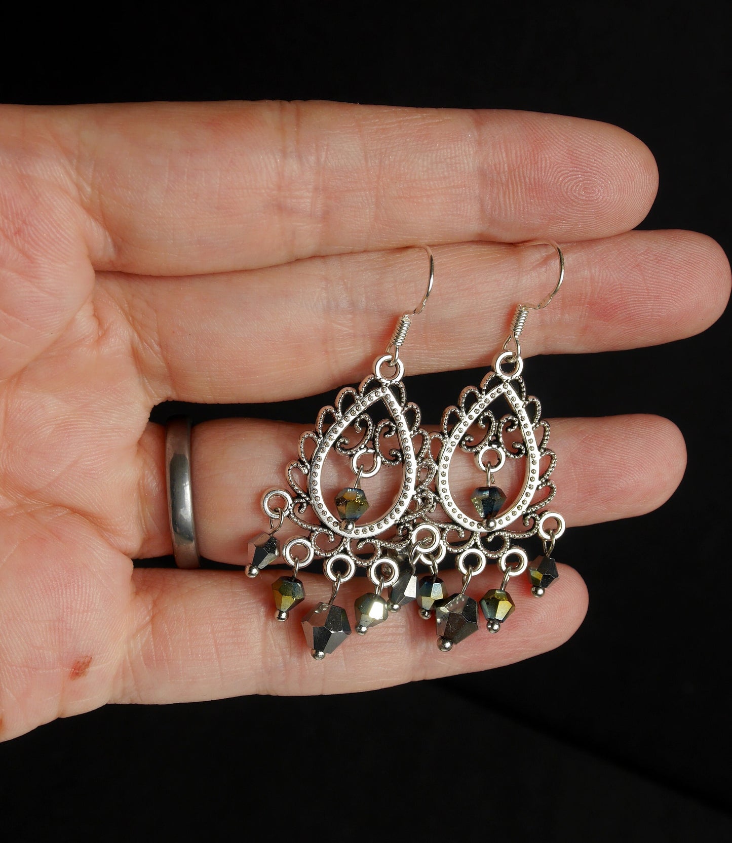 Green and Silver Toned Fashion Dangle Earrings (Ear Hook and Stud)