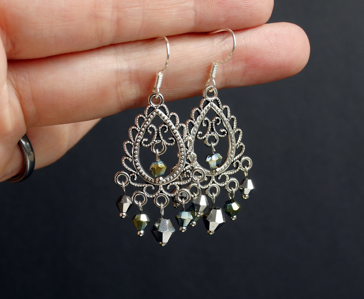 Green and Silver Toned Fashion Dangle Earrings (Ear Hook and Stud)