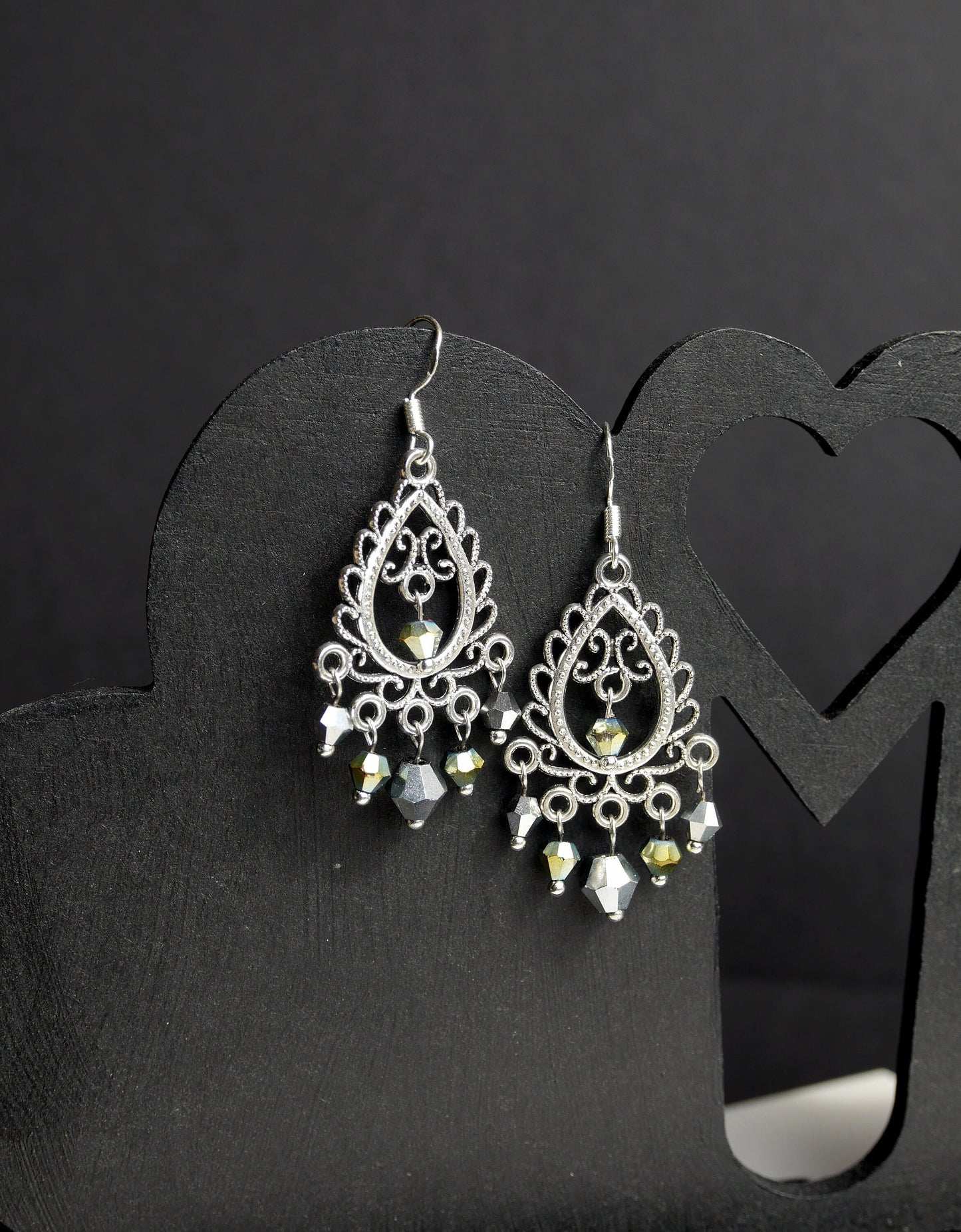 Green and Silver Toned Fashion Dangle Earrings (Ear Hook and Stud)