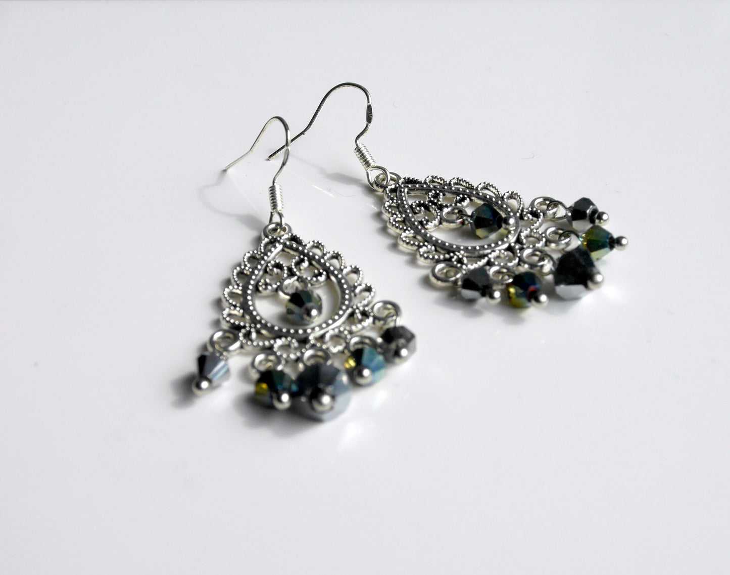 Green and Silver Toned Fashion Dangle Earrings (Ear Hook and Stud)
