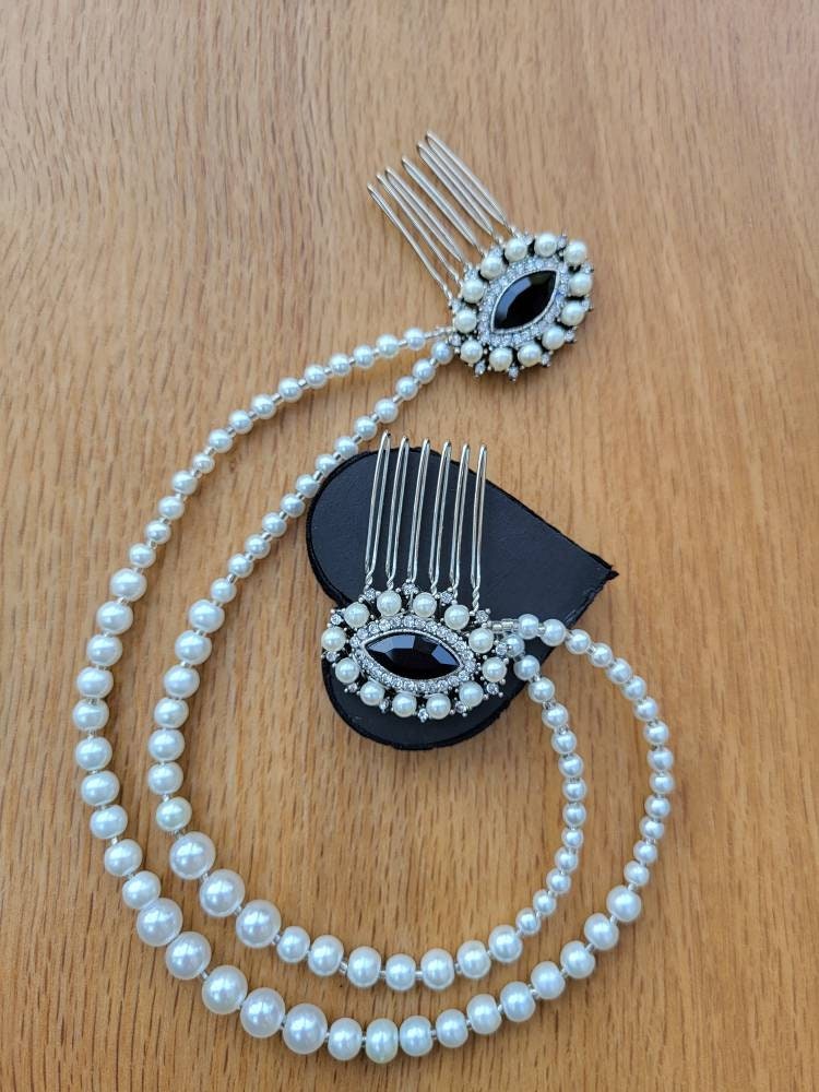 Art Deco Black and White Pearl Diamante Wedding Prom Hair Piece