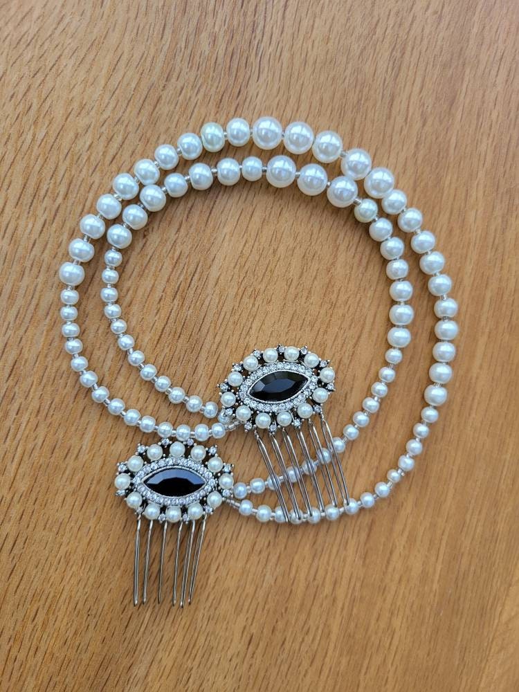 Art Deco Black and White Pearl Diamante Wedding Prom Hair Piece