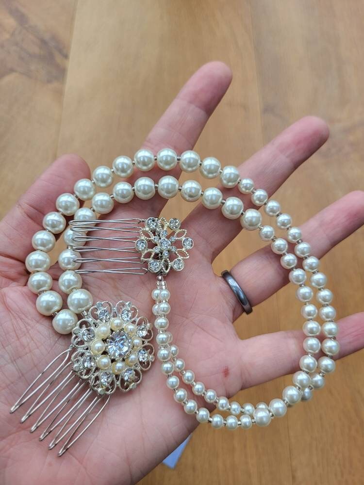 Art Deco Pearl Hair Chain Wedding Prom Hair Accessory