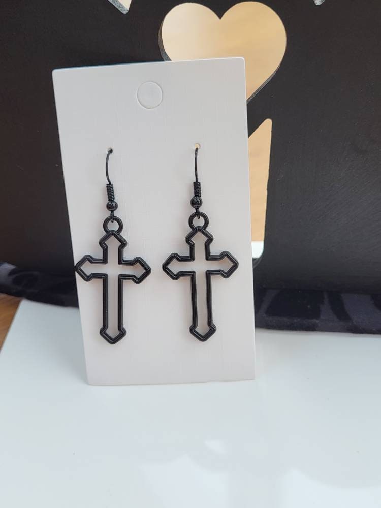 Hollow Large Gothic Black Tone Cross Earrings