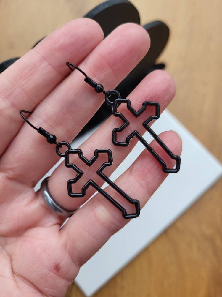 Hollow Large Gothic Black Tone Cross Earrings
