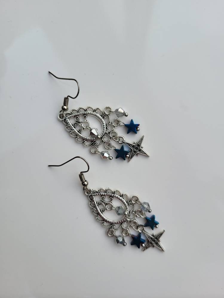 Silver and Blue Star Filigree Dangle Earrings (Ear Hook, Stud and Clip On)