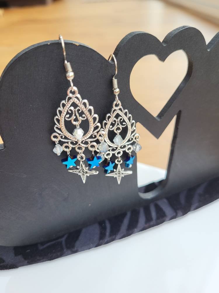 Silver and Blue Star Filigree Dangle Earrings (Ear Hook, Stud and Clip On)