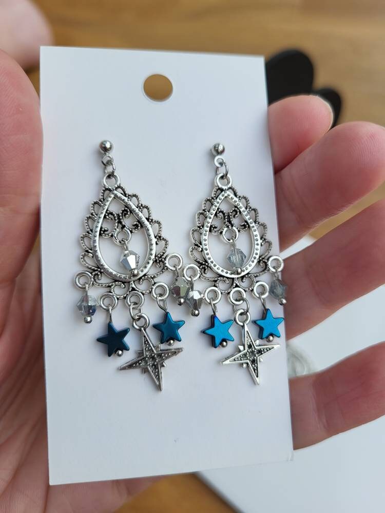 Silver and Blue Star Filigree Dangle Earrings (Ear Hook, Stud and Clip On)