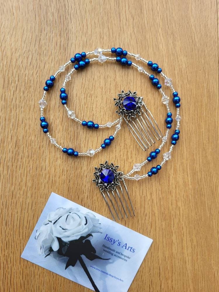 Blue Pearl and Rhinestone Prom Wedding Hair Chain Accessory